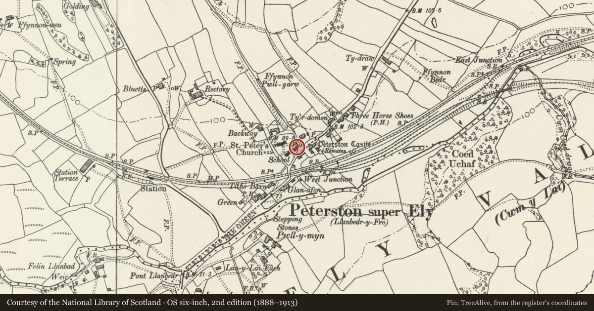 Ordnance Survey six-inch map, 2nd edition (1888–1913) covering the location of Telephone Call-box outside Fircot, Peterston-super-Ely, Vale of Glamorgan, with a pin at the register's coordinates