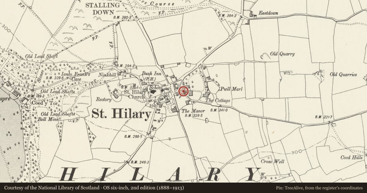 Ordnance Survey six-inch map, 2nd edition (1888–1913) covering the location of Telephone Call-box opposite Village Farm, Llanfair, Vale of Glamorgan, with a pin at the register's coordinates