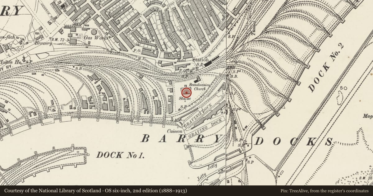 Ordnance Survey six-inch map, 2nd edition (1888–1913) covering the location of Former Barry Docks Offices (now offices of Associated British Ports), Vale of Glamorgan, with a pin at the register's coordinates