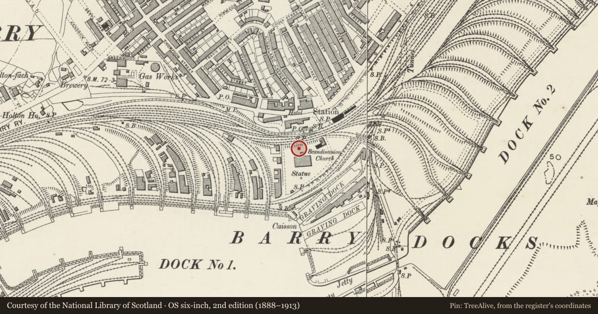Ordnance Survey six-inch map, 2nd edition (1888–1913) covering the location of 1, Lampstandard outside the Barry Docks Offices, Vale of Glamorgan, with a pin at the register's coordinates
