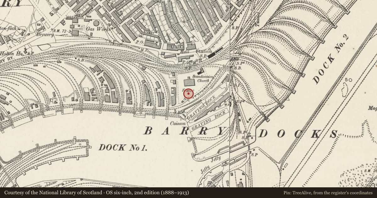 Ordnance Survey six-inch map, 2nd edition (1888–1913) covering the location of Pedestal and Statue of David Davies, Barry, Vale of Glamorgan, with a pin at the register's coordinates