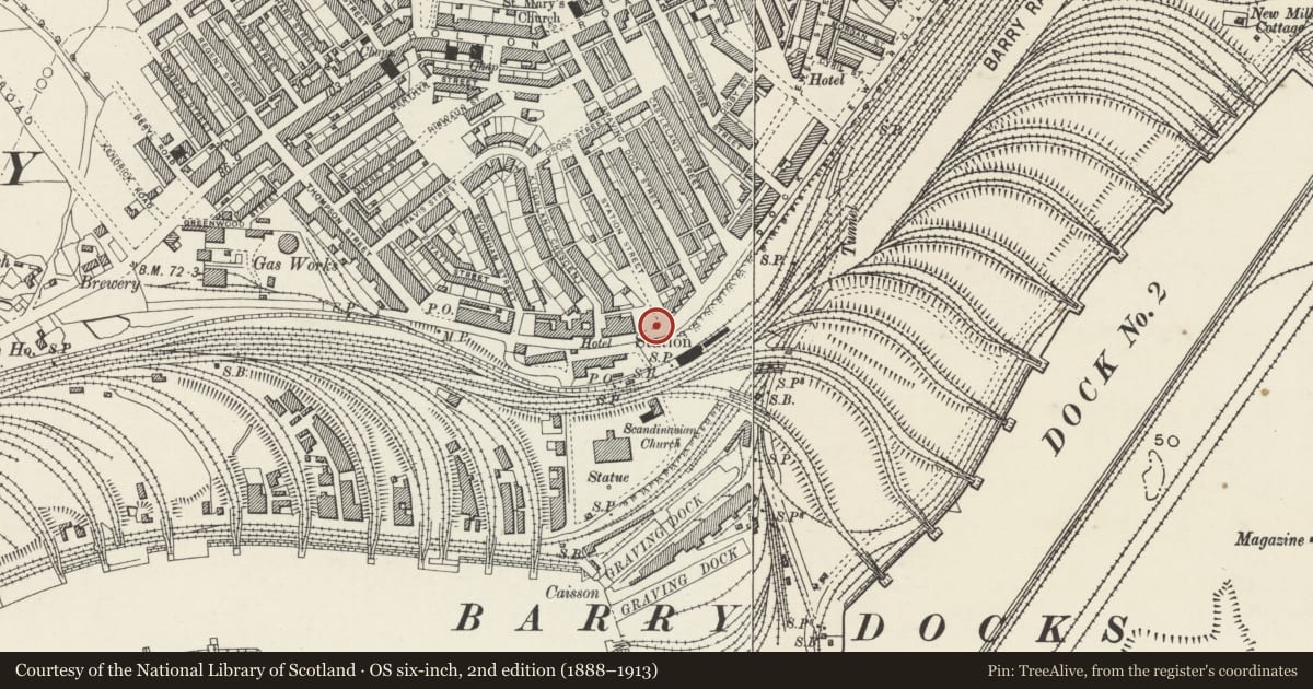 Ordnance Survey six-inch map, 2nd edition (1888–1913) covering the location of Former Customs House and Mercantile Marine Office, Barry, Vale of Glamorgan, with a pin at the register's coordinates