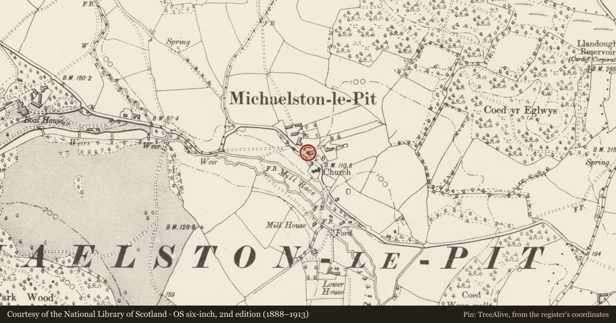 Ordnance Survey six-inch map, 2nd edition (1888–1913) covering the location of Telephone Call-box, Michaelston-le-Pit and Leckwith, Vale of Glamorgan, with a pin at the register's coordinates