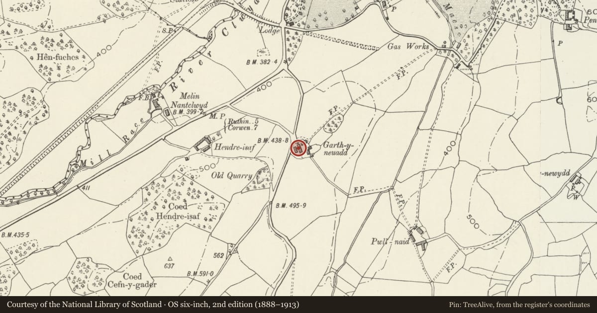 Ordnance Survey six-inch map, 2nd edition (1888–1913) covering the location of Barn at Garth-y-neuadd, Llanelidan, Denbighshire, with a pin at the register's coordinates