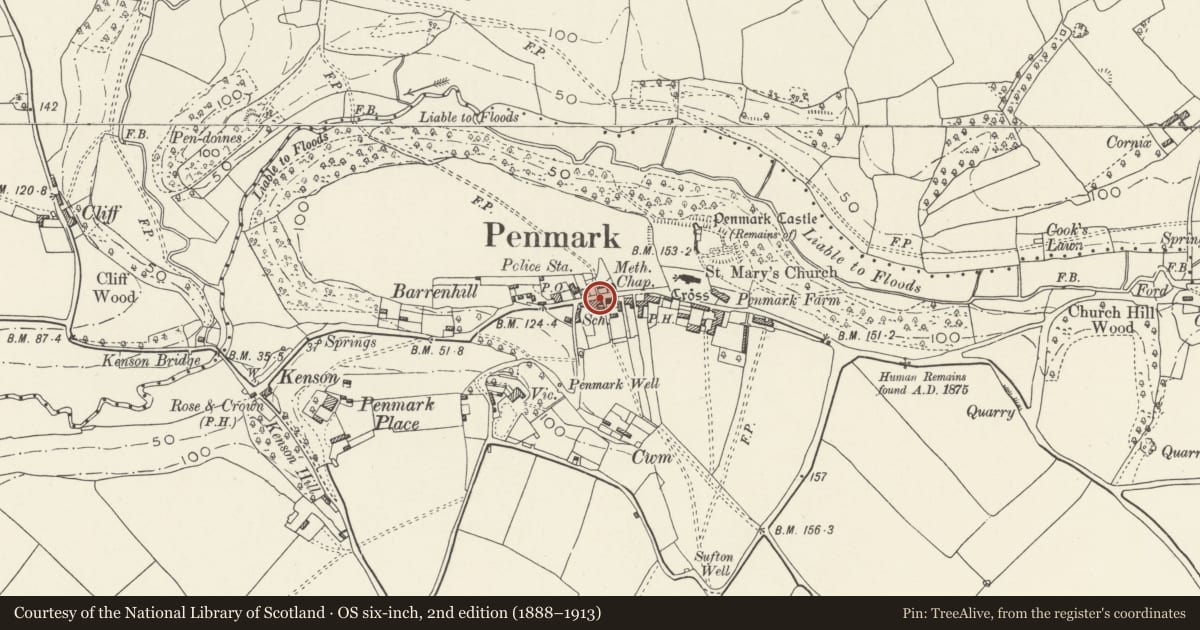 Ordnance Survey six-inch map, 2nd edition (1888–1913) covering the location of Telephone Call-box in centre of Village at junction with Croft John, Rhoose, Vale of Glamorgan, with a pin at the register's coordinates