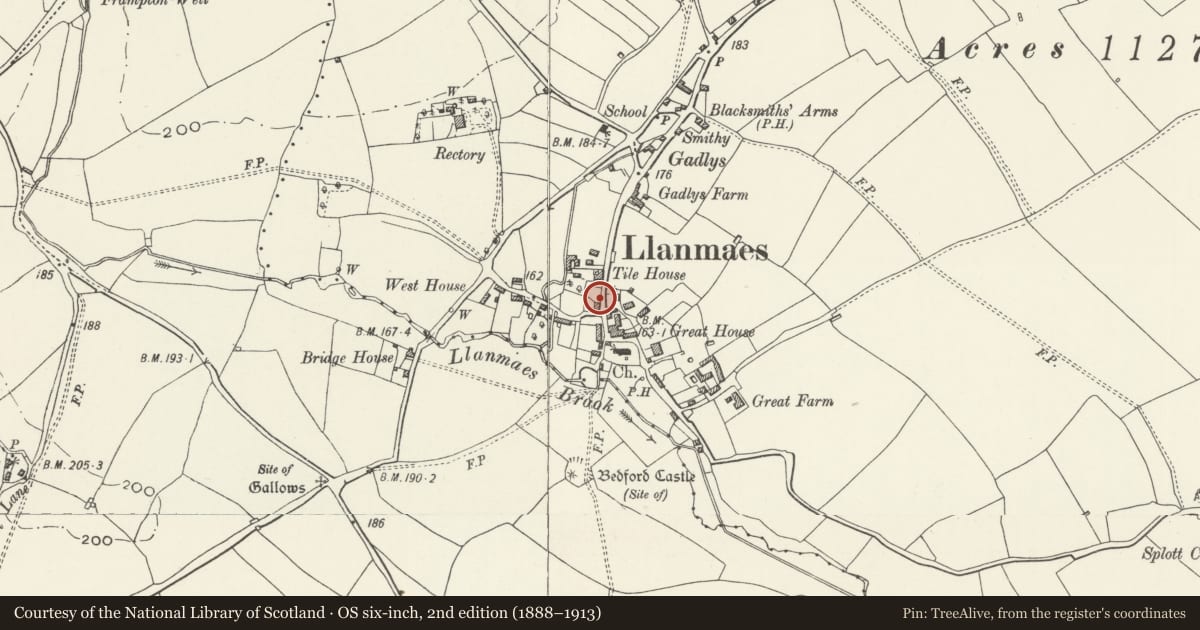 Ordnance Survey six-inch map, 2nd edition (1888–1913) covering the location of Telephone Call-box north of the parish church, Llan-Maes, Vale of Glamorgan, with a pin at the register's coordinates
