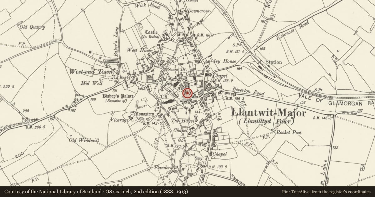 Ordnance Survey six-inch map, 2nd edition (1888–1913) covering the location of Telephone Call-Box outside Old White Hart P.H., Llantwit Major, Vale of Glamorgan, with a pin at the register's coordinates