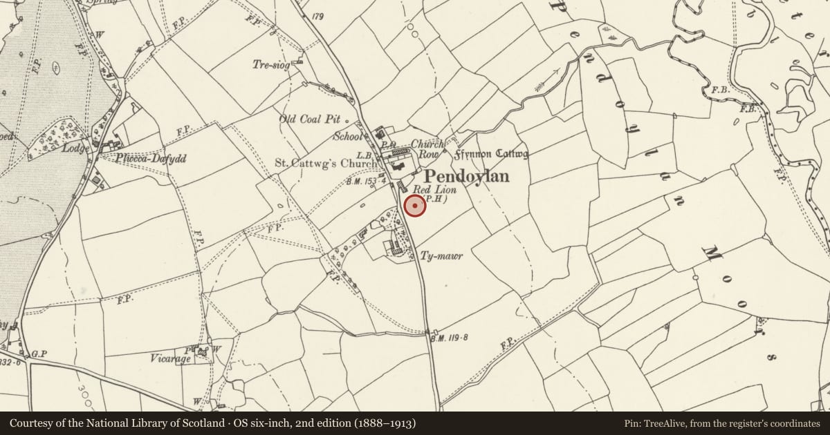 Ordnance Survey six-inch map, 2nd edition (1888–1913) covering the location of Telephone Call-box, Pendoylan, Vale of Glamorgan, with a pin at the register's coordinates