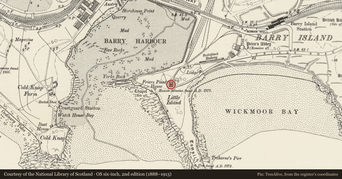 Ordnance Survey six-inch map, 2nd edition (1888–1913) covering the location of Friars Point House, Barry, Vale of Glamorgan, with a pin at the register's coordinates