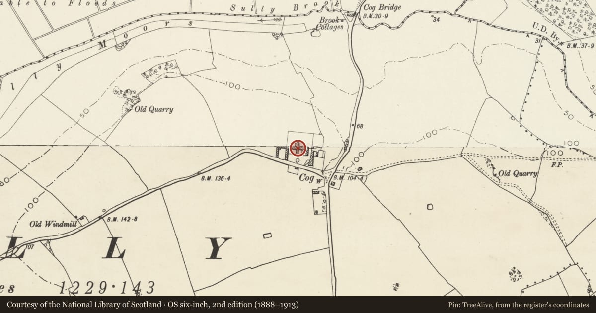 Ordnance Survey six-inch map, 2nd edition (1888–1913) covering the location of Planned group of farmyard buildings at Cog Farm, Sully, Vale of Glamorgan, with a pin at the register's coordinates