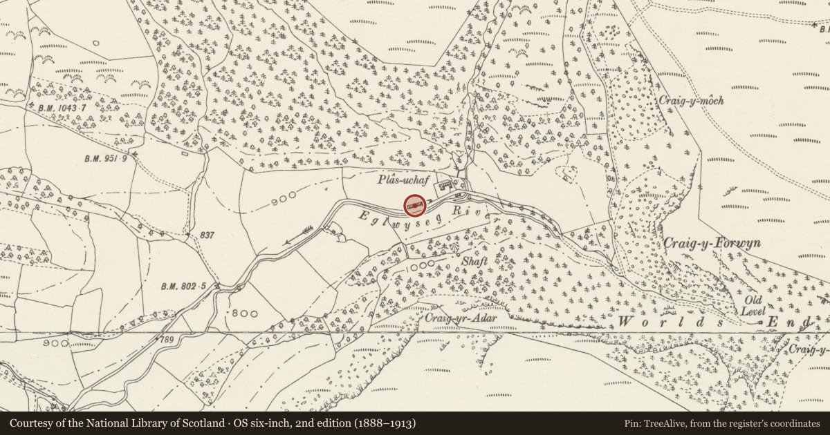 Ordnance Survey six-inch map, 2nd edition (1888–1913) covering the location of Agricultural range to the W of Plas-uchaf, Llantysilio, Denbighshire, with a pin at the register's coordinates