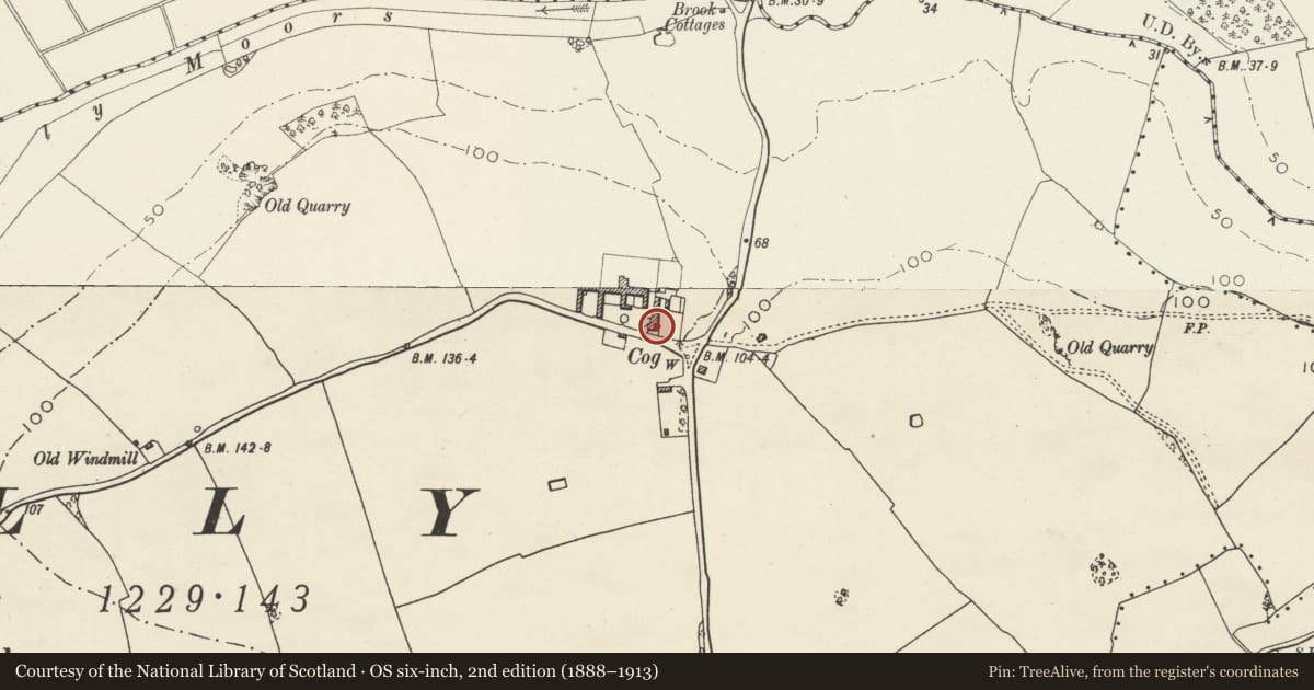 Ordnance Survey six-inch map, 2nd edition (1888–1913) covering the location of Cog House, Sully, Vale of Glamorgan, with a pin at the register's coordinates