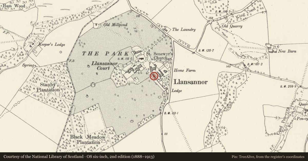 Ordnance Survey six-inch map, 2nd edition (1888–1913) covering the location of Barn at Court Farm, Penllyn, Vale of Glamorgan, with a pin at the register's coordinates