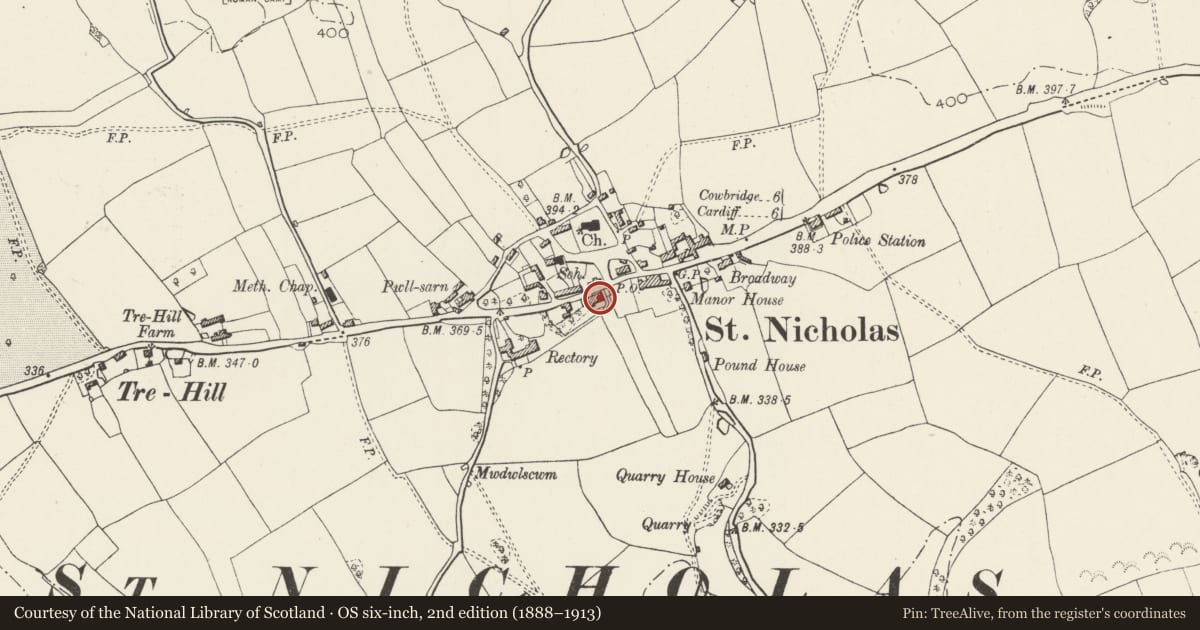 Ordnance Survey six-inch map, 2nd edition (1888–1913) covering the location of Tinkins Hall (former Cory Institute), St. Nicholas and Bonvilston, Vale of Glamorgan, with a pin at the register's coordinates