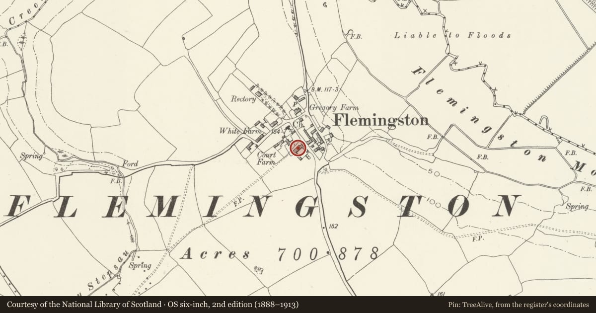 Ordnance Survey six-inch map, 2nd edition (1888–1913) covering the location of Combination Farm Building at Flemingston Court, St. Athan, Vale of Glamorgan, with a pin at the register's coordinates