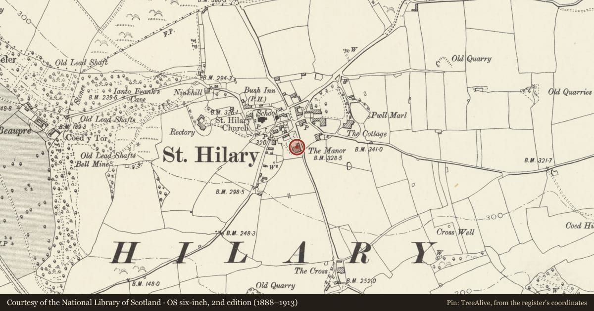 Ordnance Survey six-inch map, 2nd edition (1888–1913) covering the location of The Manor, Llanfair, Vale of Glamorgan, with a pin at the register's coordinates