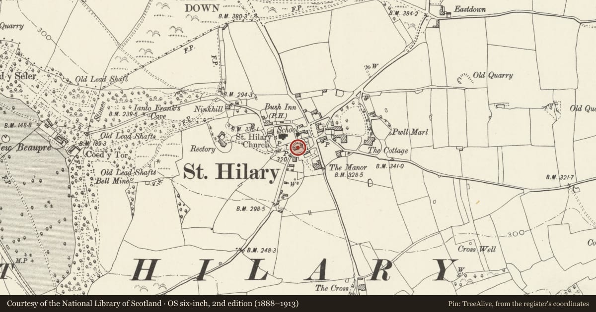 Ordnance Survey six-inch map, 2nd edition (1888–1913) covering the location of No 1 Manor Cottages, Llanfair, Vale of Glamorgan, with a pin at the register's coordinates