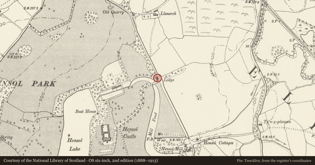 Ordnance Survey six-inch map, 2nd edition (1888–1913) covering the location of Hafod Lodge to Hensol Castle (Also known as Bottom Lodge), Pendoylan, Vale of Glamorgan, with a pin at the register's coordinates