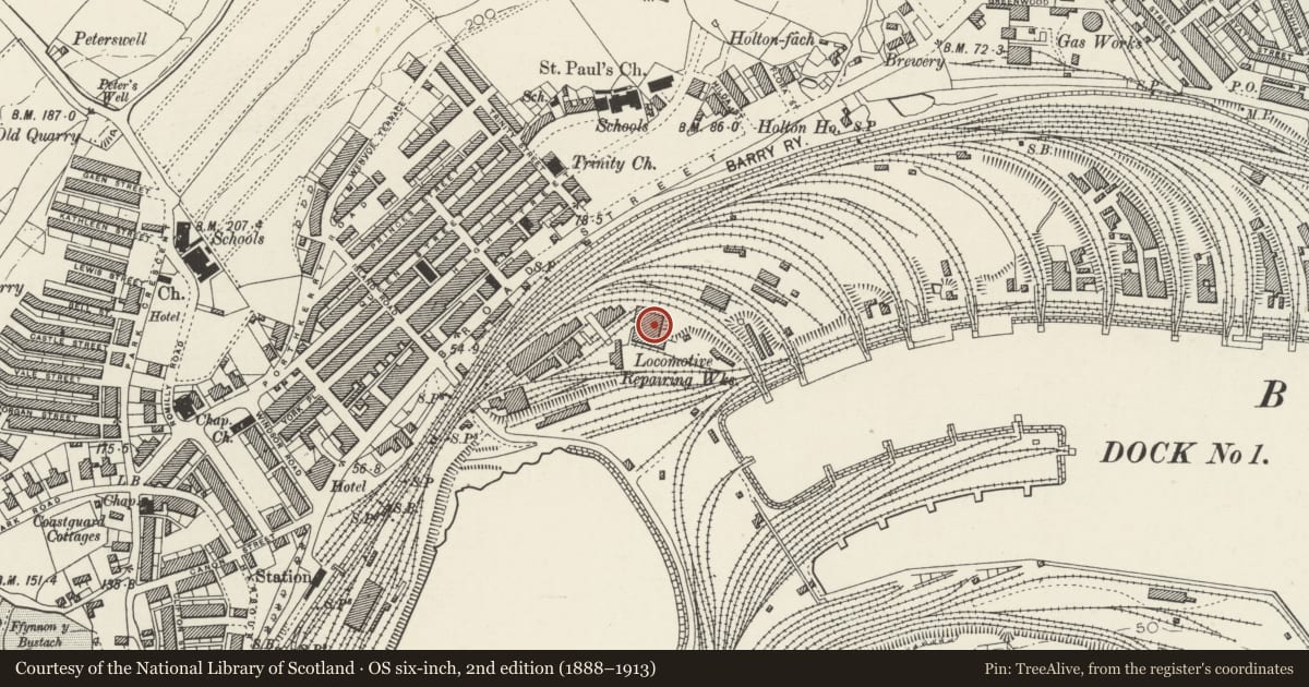 Ordnance Survey six-inch map, 2nd edition (1888–1913) covering the location of North Hydraulic Pumping House, Barry, Vale of Glamorgan, with a pin at the register's coordinates