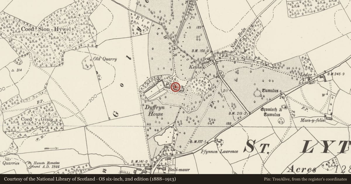 Ordnance Survey six-inch map, 2nd edition (1888–1913) covering the location of Dyffryn House, St. Nicholas and Bonvilston, Vale of Glamorgan, with a pin at the register's coordinates