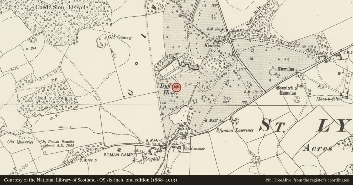 Ordnance Survey six-inch map, 2nd edition (1888–1913) covering the location of Pompeian Garden at Dyffryn House, St. Nicholas and Bonvilston, Vale of Glamorgan, with a pin at the register's coordinates