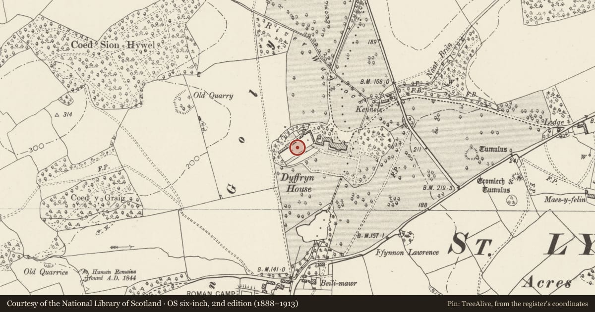 Ordnance Survey six-inch map, 2nd edition (1888–1913) covering the location of Walled Garden at Dyffryn House, St. Nicholas and Bonvilston, Vale of Glamorgan, with a pin at the register's coordinates