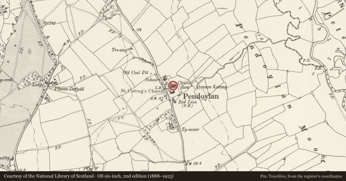 Ordnance Survey six-inch map, 2nd edition (1888–1913) covering the location of Pendoylan Cottages, Vale of Glamorgan, with a pin at the register's coordinates