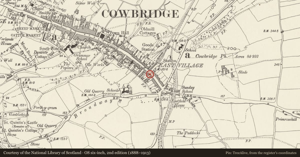 Ordnance Survey six-inch map, 2nd edition (1888–1913) covering the location of Telephone Call-box Beside Eastgate Mews, Cowbridge with Llanblethian, Vale of Glamorgan, with a pin at the register's coordinates
