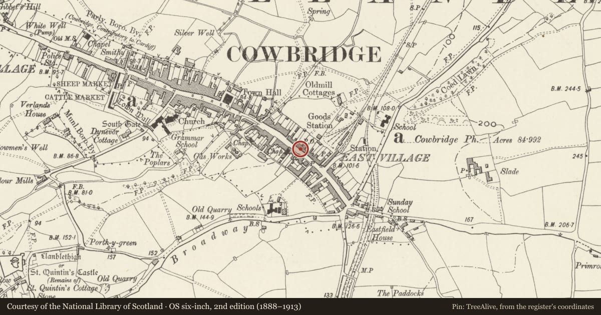 Ordnance Survey six-inch map, 2nd edition (1888–1913) covering the location of Telephone Call-box Outside Royal Mail Delivery Office, Cowbridge with Llanblethian, Vale of Glamorgan, with a pin at the register's coordinates