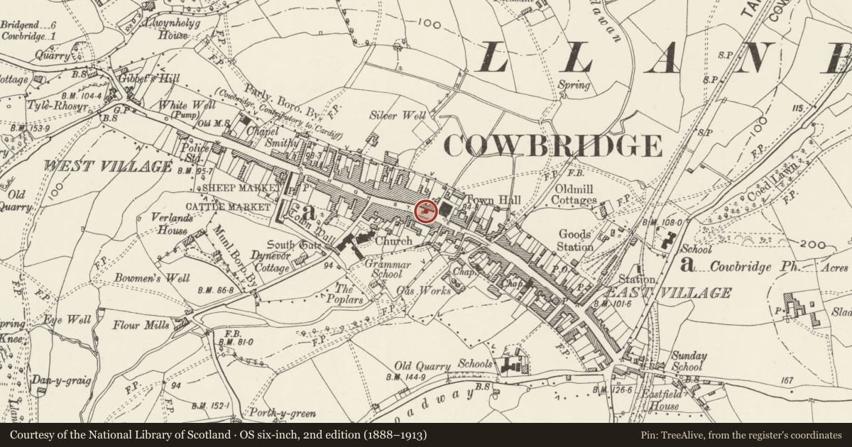 Ordnance Survey six-inch map, 2nd edition (1888–1913) covering the location of Telephone Call-box Outside No 23 High Street, Cowbridge with Llanblethian, Vale of Glamorgan, with a pin at the register's coordinates