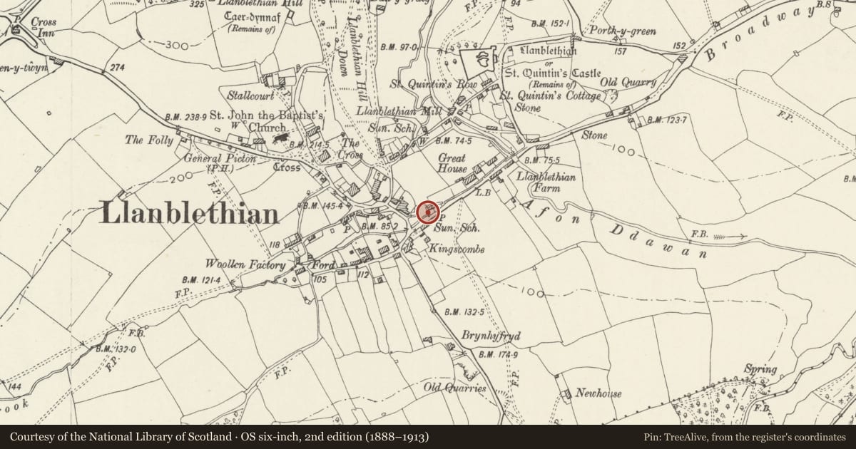 Ordnance Survey six-inch map, 2nd edition (1888–1913) covering the location of Telephone Call-Box Near Brook Cottage, Cowbridge with Llanblethian, Vale of Glamorgan, with a pin at the register's coordinates