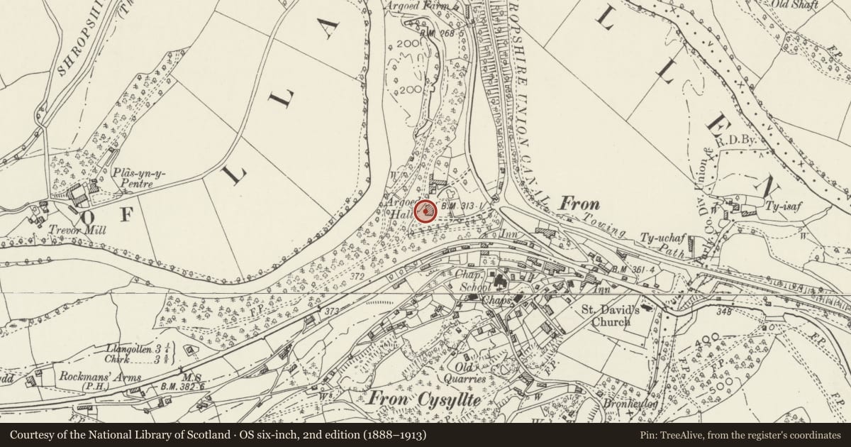 Ordnance Survey six-inch map, 2nd edition (1888–1913) covering the location of Argoed Hall, Llangollen Rural, Wrexham, with a pin at the register's coordinates