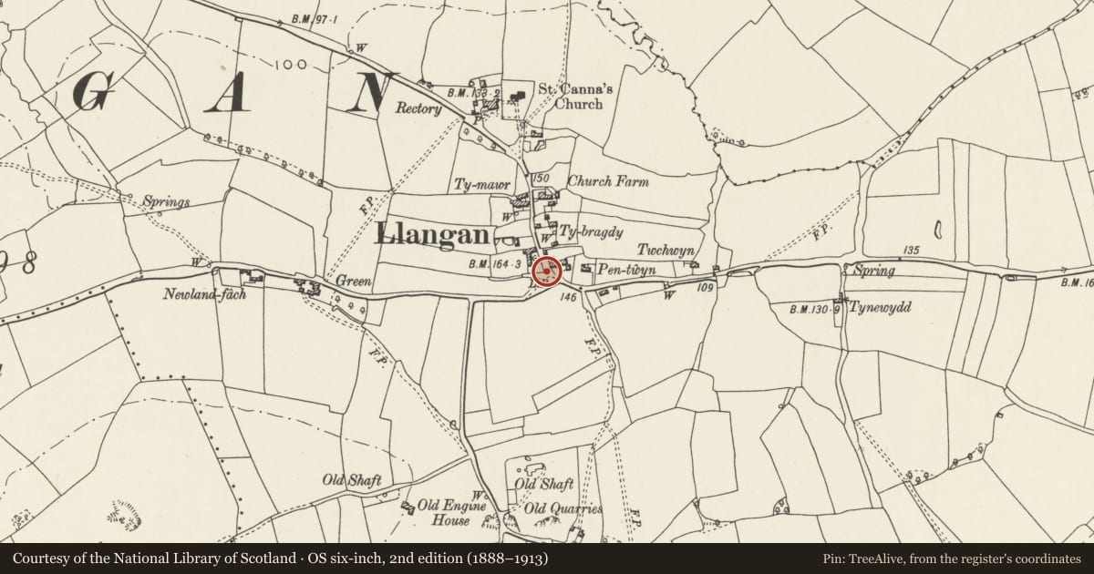 Ordnance Survey six-inch map, 2nd edition (1888–1913) covering the location of Telephone Call-box opposite Mount Pleasant Farm, Llangan, Vale of Glamorgan, with a pin at the register's coordinates