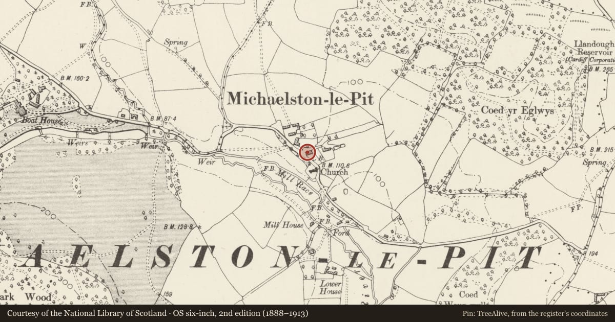 Ordnance Survey six-inch map, 2nd edition (1888–1913) covering the location of Nos 1, 2, 3 Church Cottages, Michaelston-le-Pit and Leckwith, Vale of Glamorgan, with a pin at the register's coordinates