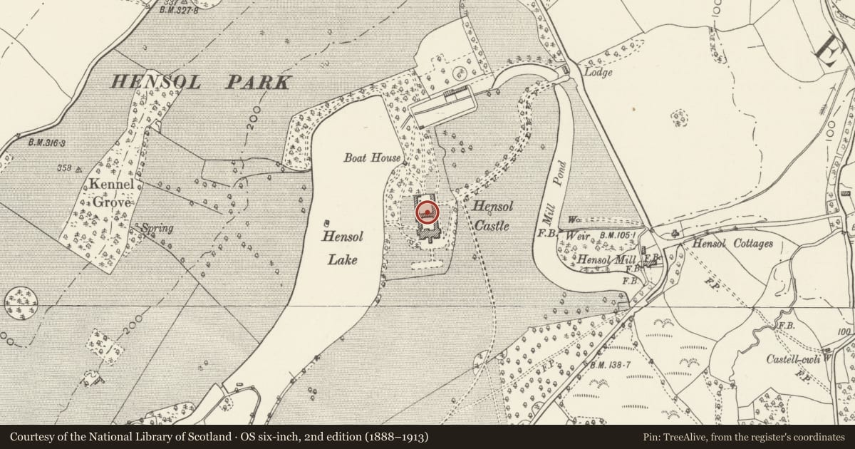 Ordnance Survey six-inch map, 2nd edition (1888–1913) covering the location of Hensol Castle (Including attached Courtyard Ranges to N), Pendoylan, Vale of Glamorgan, with a pin at the register's coordinates