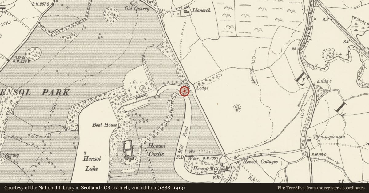 Ordnance Survey six-inch map, 2nd edition (1888–1913) covering the location of Bridge on main drive to Hensol Castle, Pendoylan, Vale of Glamorgan, with a pin at the register's coordinates