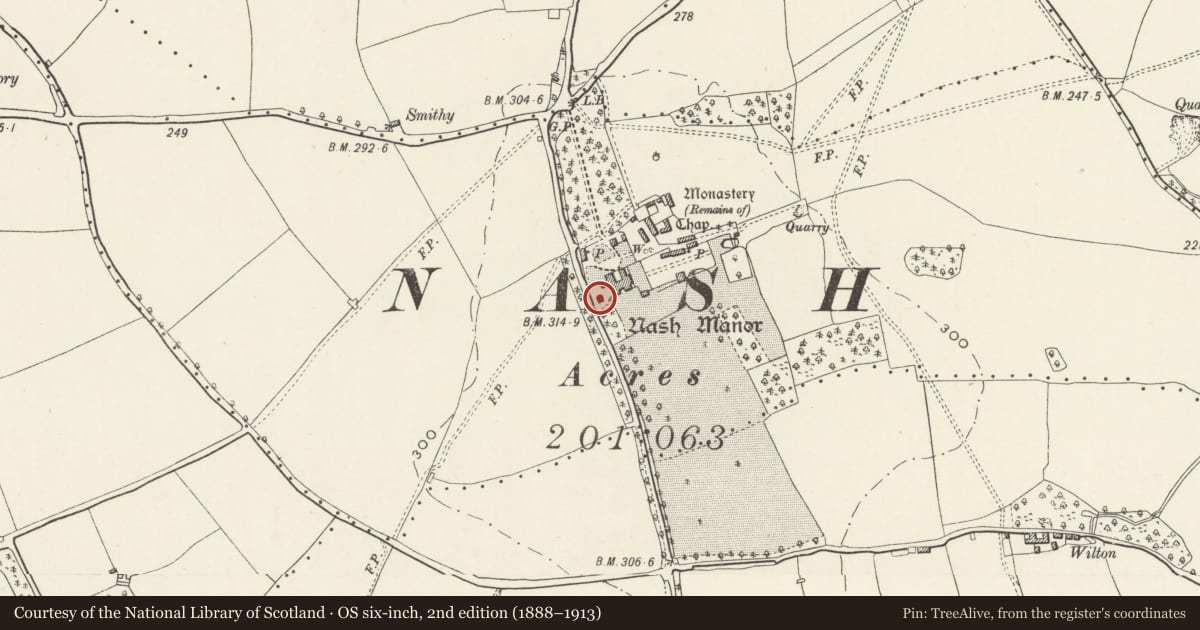 Ordnance Survey six-inch map, 2nd edition (1888–1913) covering the location of Pheasant House at Nash Manor, Llandow, Vale of Glamorgan, with a pin at the register's coordinates