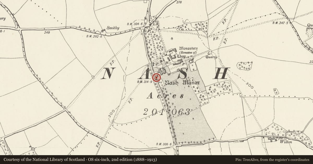 Ordnance Survey six-inch map, 2nd edition (1888–1913) covering the location of PIgeon Hose at Nash Manor, Llandow, Vale of Glamorgan, with a pin at the register's coordinates