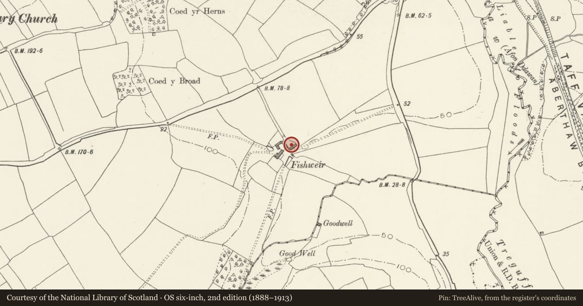 Ordnance Survey six-inch map, 2nd edition (1888–1913) covering the location of Barn at Fishweir, Llanfair, Vale of Glamorgan, with a pin at the register's coordinates