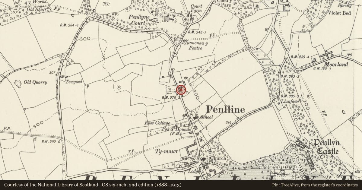 Ordnance Survey six-inch map, 2nd edition (1888–1913) covering the location of Village Farmhouse, Penllyn, Vale of Glamorgan, with a pin at the register's coordinates
