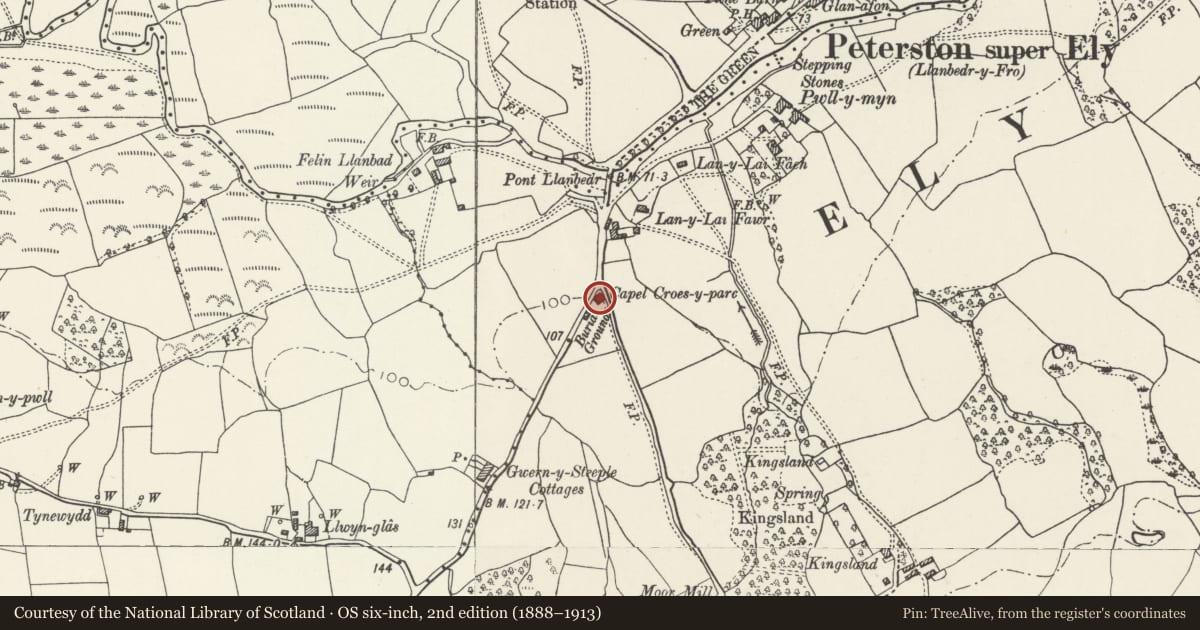 Ordnance Survey six-inch map, 2nd edition (1888–1913) covering the location of Croes-y-Parc Baptist Chapel, Peterston-super-Ely, Vale of Glamorgan, with a pin at the register's coordinates