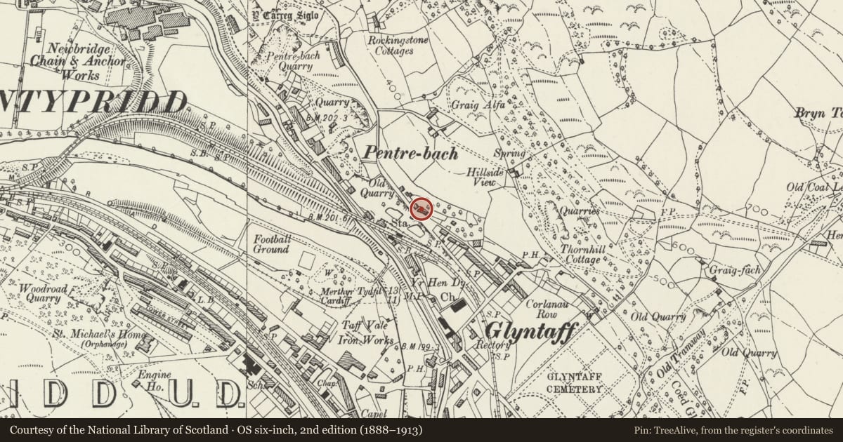 Ordnance Survey six-inch map, 2nd edition (1888–1913) covering the location of 30 Graig-yr-Helfa Road, Pontypridd, Rhondda Cynon Taff, with a pin at the register's coordinates