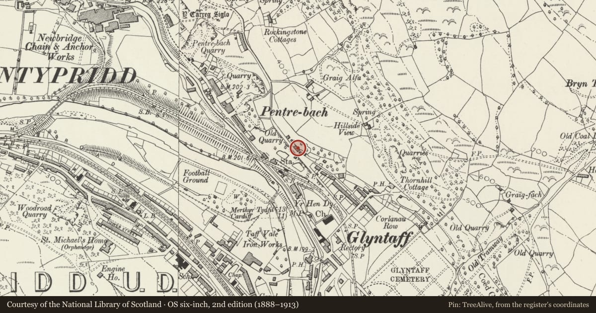 Ordnance Survey six-inch map, 2nd edition (1888–1913) covering the location of Glyntaff Round House, Pontypridd, Rhondda Cynon Taff, with a pin at the register's coordinates