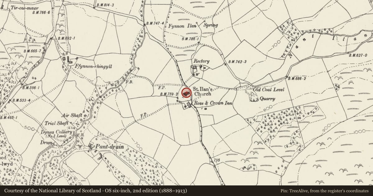 Ordnance Survey six-inch map, 2nd edition (1888–1913) covering the location of Church of St Ilan, Aber Valley, Caerphilly, with a pin at the register's coordinates