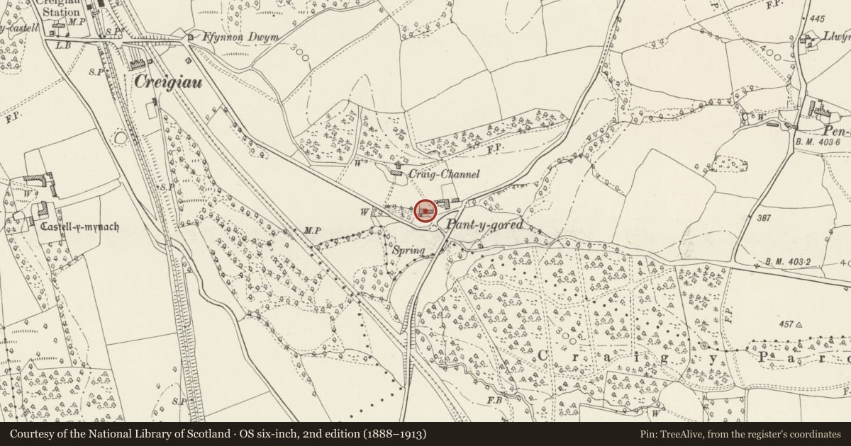 Ordnance Survey six-inch map, 2nd edition (1888–1913) covering the location of Pant-y-gored including attached byre range to right, Pentyrch, Cardiff, with a pin at the register's coordinates