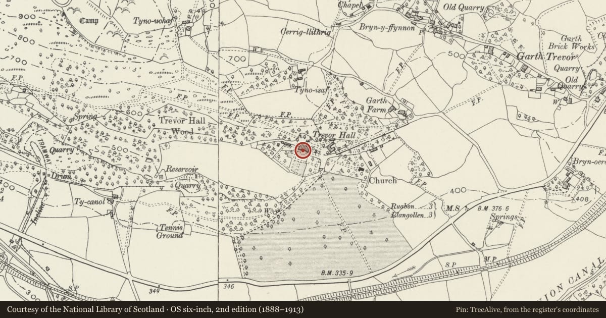 Ordnance Survey six-inch map, 2nd edition (1888–1913) covering the location of Trevor Hall, Llangollen, Denbighshire, with a pin at the register's coordinates
