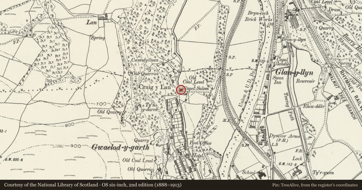 Ordnance Survey six-inch map, 2nd edition (1888–1913) covering the location of Former Salem Chapel, Pentyrch, Cardiff, with a pin at the register's coordinates
