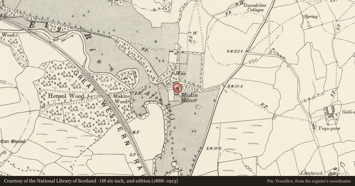 Ordnance Survey six-inch map, 2nd edition (1888–1913) covering the location of Miskin Manor, including one-storey range to N, Pont-y-Clun, Rhondda Cynon Taff, with a pin at the register's coordinates