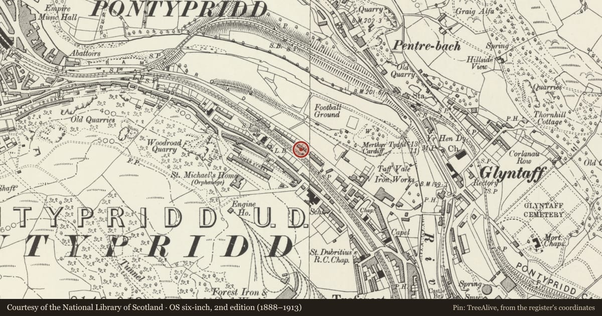 Ordnance Survey six-inch map, 2nd edition (1888–1913) covering the location of 161-2 Broadway, Pontypridd, Rhondda Cynon Taff, with a pin at the register's coordinates