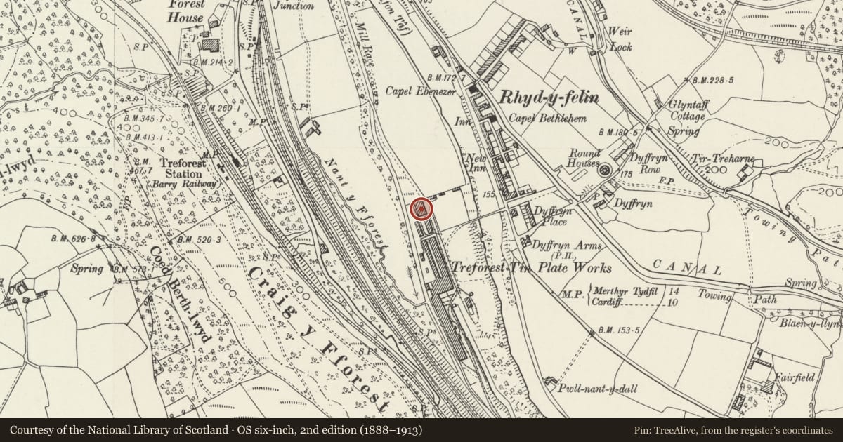 Ordnance Survey six-inch map, 2nd edition (1888–1913) covering the location of Former Casting House and Workshop at Treforest Tinplate Works, Pontypridd, Rhondda Cynon Taff, with a pin at the register's coordinates